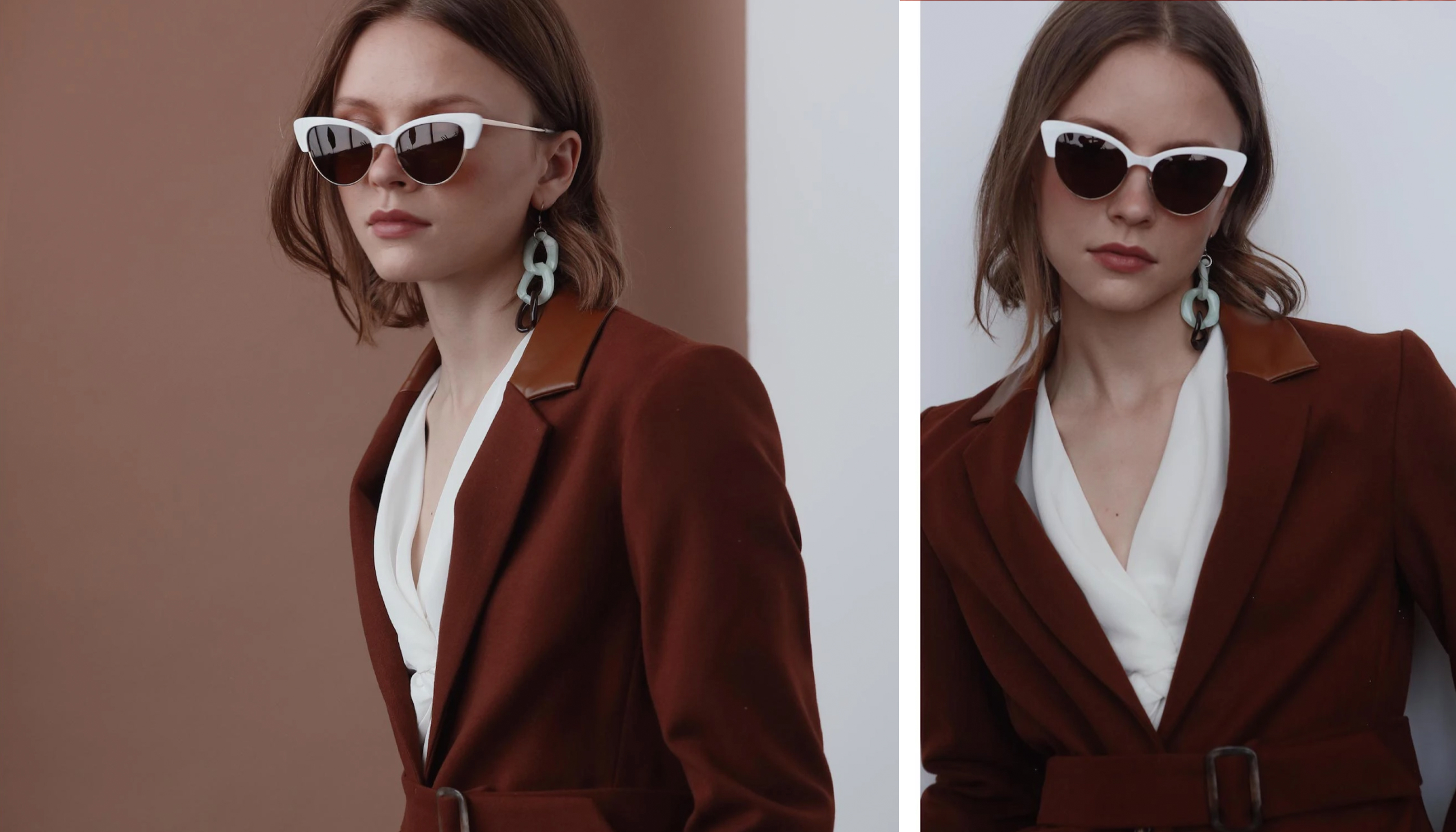Petite Studio NYC womenswear campaign hero image — dual portrait of a petite model in a rust blazer and white top, produced by The Charles Group