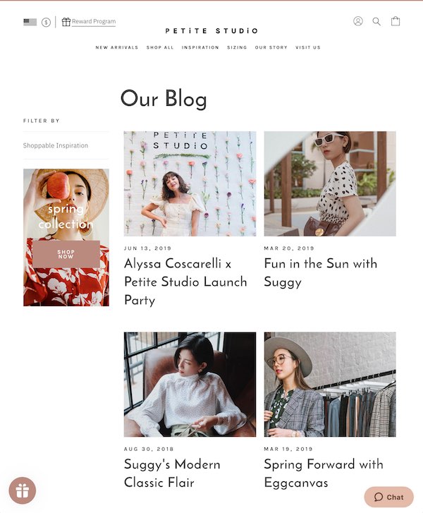 Petite Studio Shopify blog and shoppable inspiration section designed by The Charles Group, featuring influencer editorial content and Spring Collection CTA