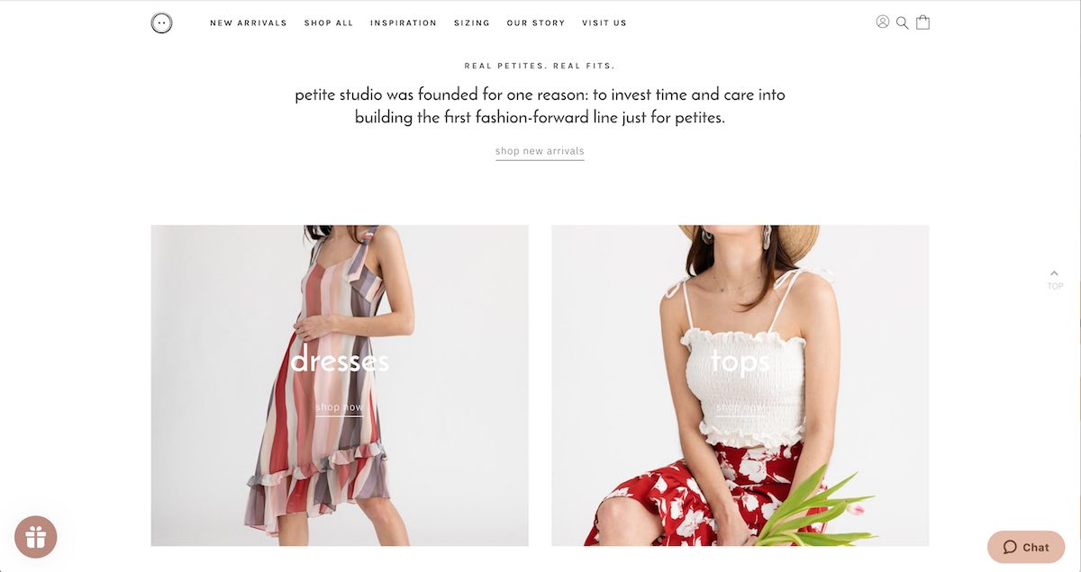 Petite Studio Shopify website category page designed by The Charles Group, showing Dresses and Tops shoppable sections with Real Petites Real Fits brand messaging