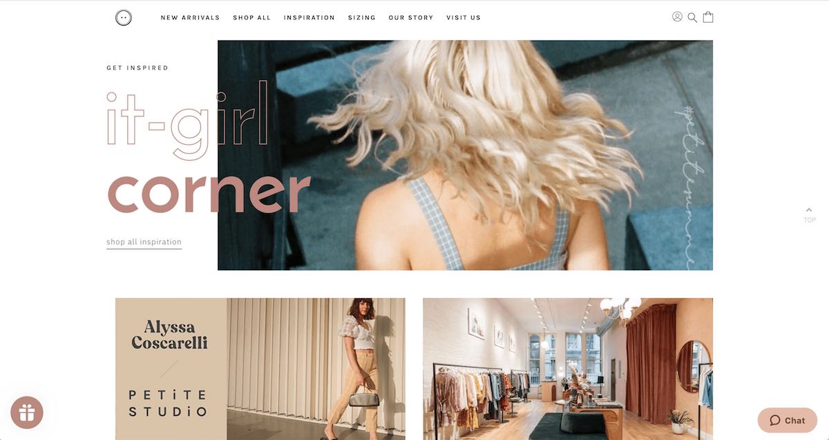 Petite Studio Shopify website inspiration page designed by The Charles Group, featuring the It-Girl Corner editorial section and SoHo flagship store interior