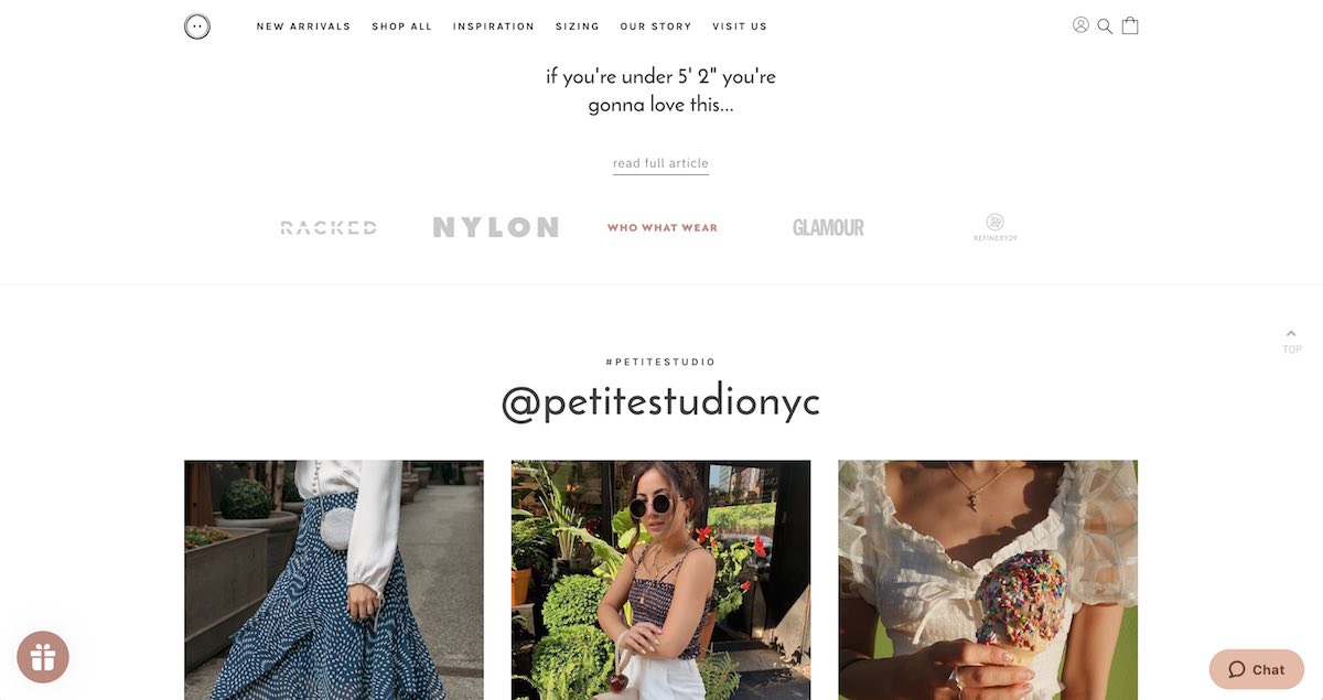 Petite Studio Shopify website press logos and Instagram social feed section designed by The Charles Group, featuring Racked, Nylon, Glamour, and influencer UGC