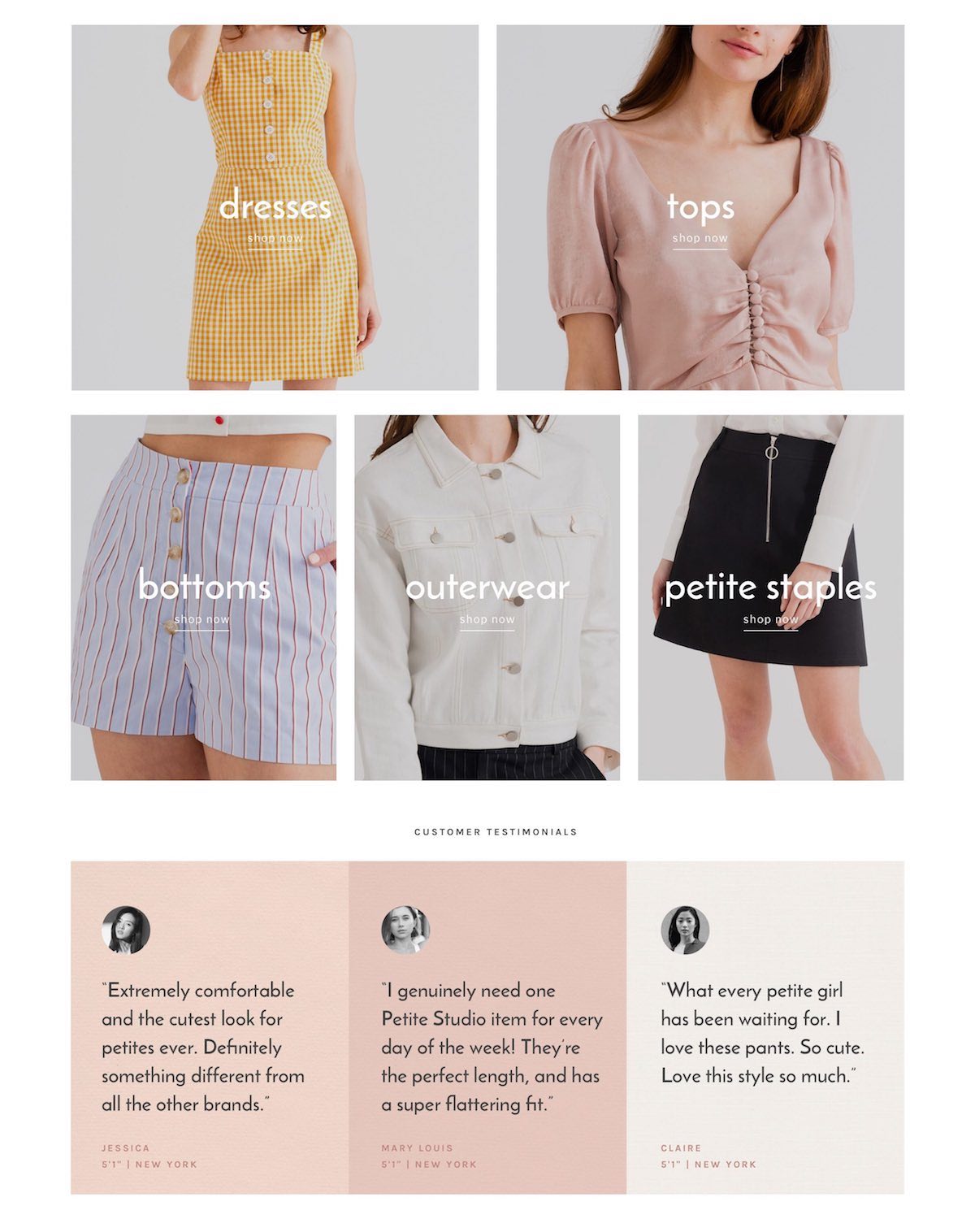 Petite Studio Shopify website Shop All category grid and customer testimonials section designed by The Charles Group, highlighting petite womenswear categories