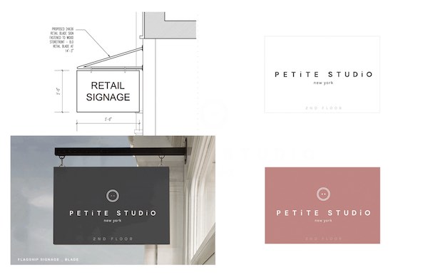 Petite Studio SoHo flagship retail signage designed by The Charles Group, showing blade sign mockup and color variants for the New York storefront