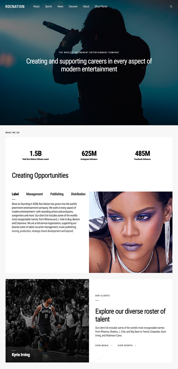 Roc Nation about page UI on tablet, showcasing 360-degree service offerings, designed by The Charles Group