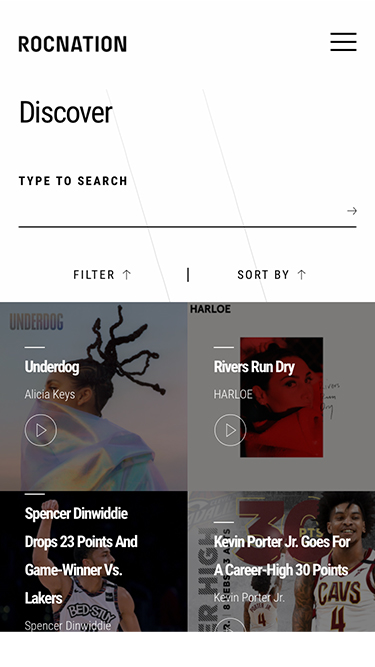 Roc Nation artist profile page on mobile with full-bleed photography and talent details, by The Charles Group