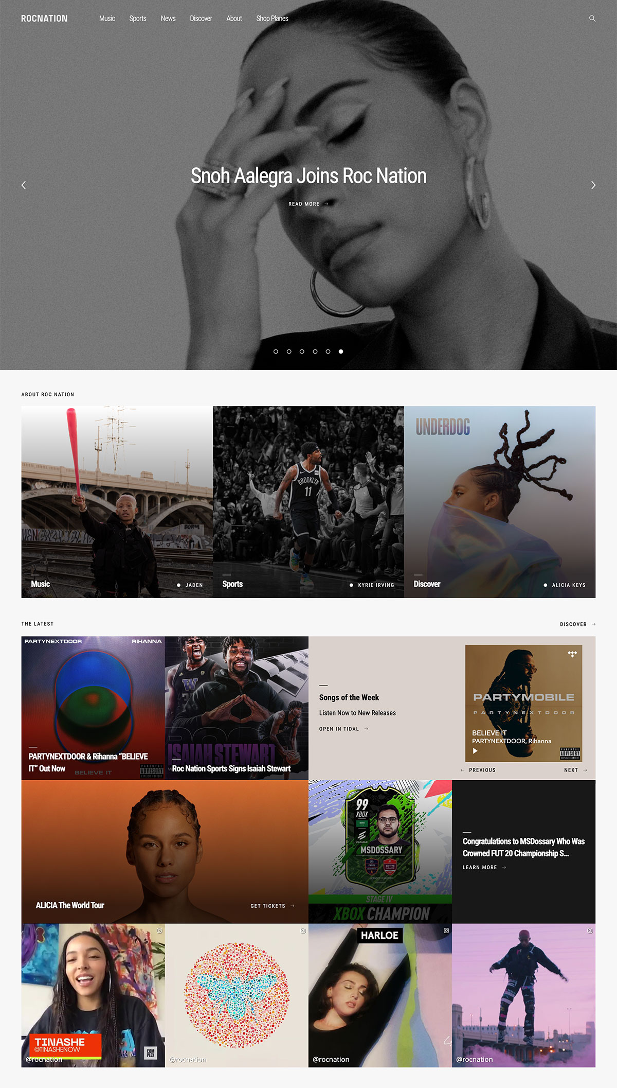 Roc Nation homepage redesign on desktop, featuring artist talent grid and bold typography, by The Charles Group