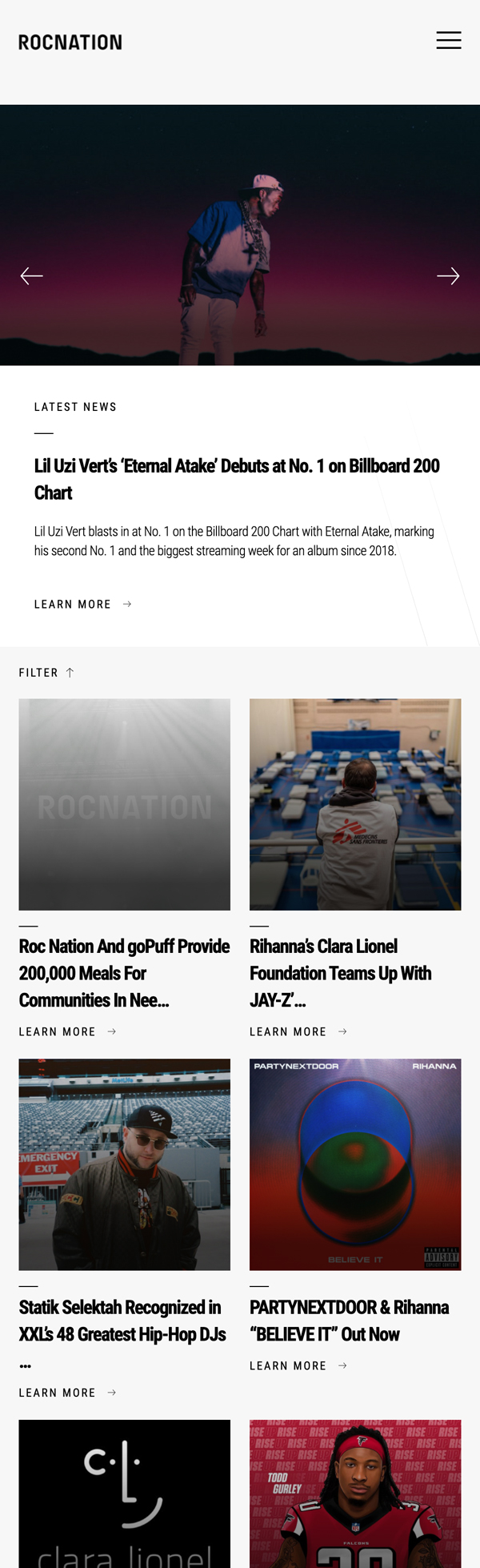 Roc Nation mobile news feed with editorial article cards, designed by The Charles Group