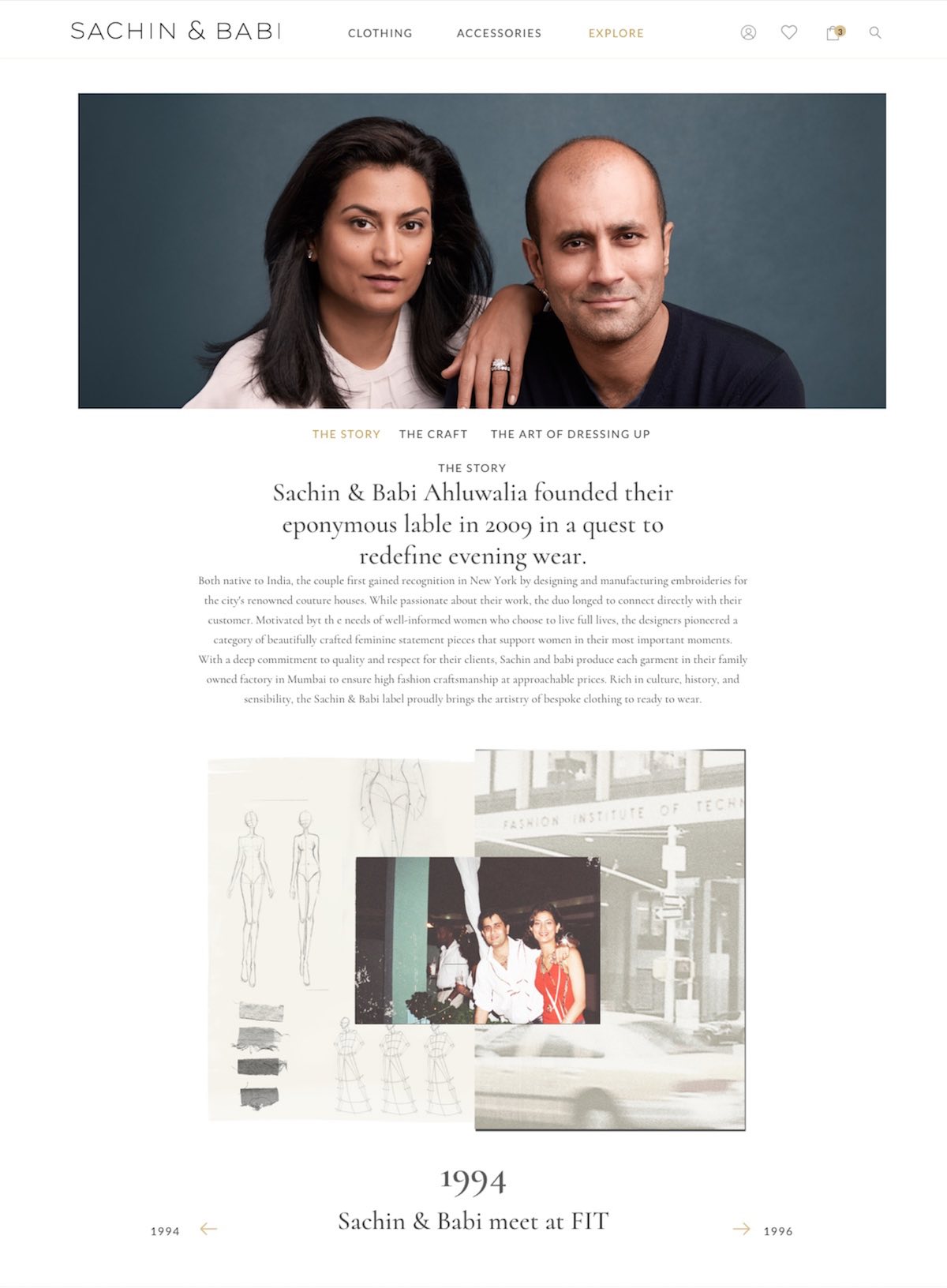 Sachin and Babi brand story page designed by The Charles Group, featuring the founders' portrait and 1994 FIT origin story with archival imagery