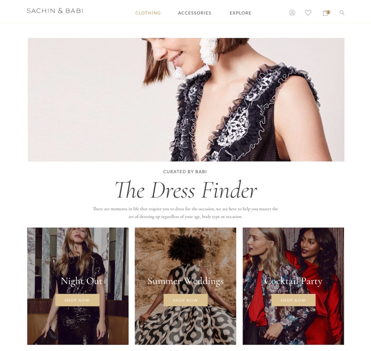 Sachin and Babi Dress Finder occasion-based shopping feature designed by The Charles Group, showing Night Out, Summer Weddings, and Cocktail Party curated edits