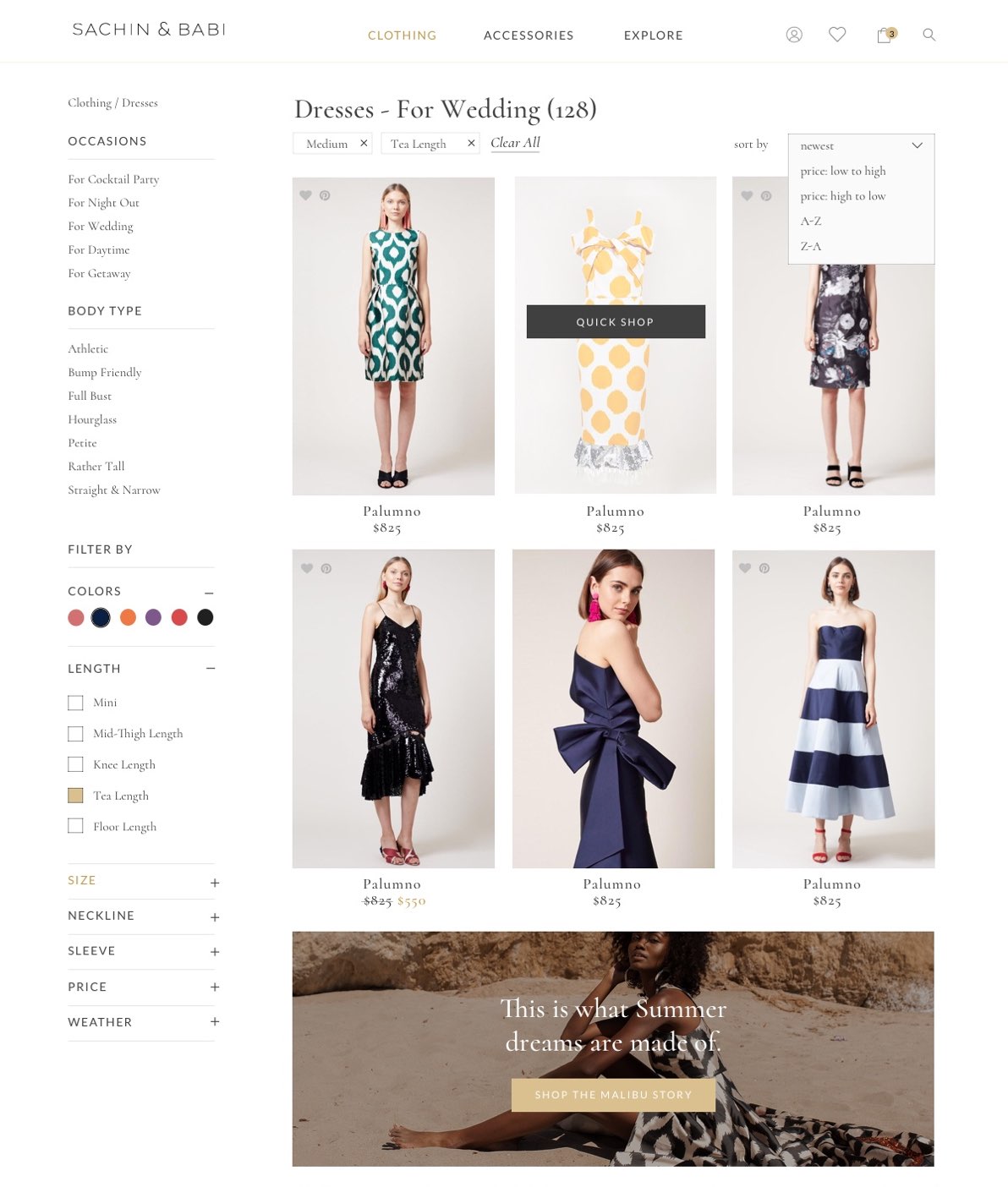 Sachin and Babi Shopify category and filtering system for luxury occasion dresses, designed by The Charles Group with body type and occasion-based navigation