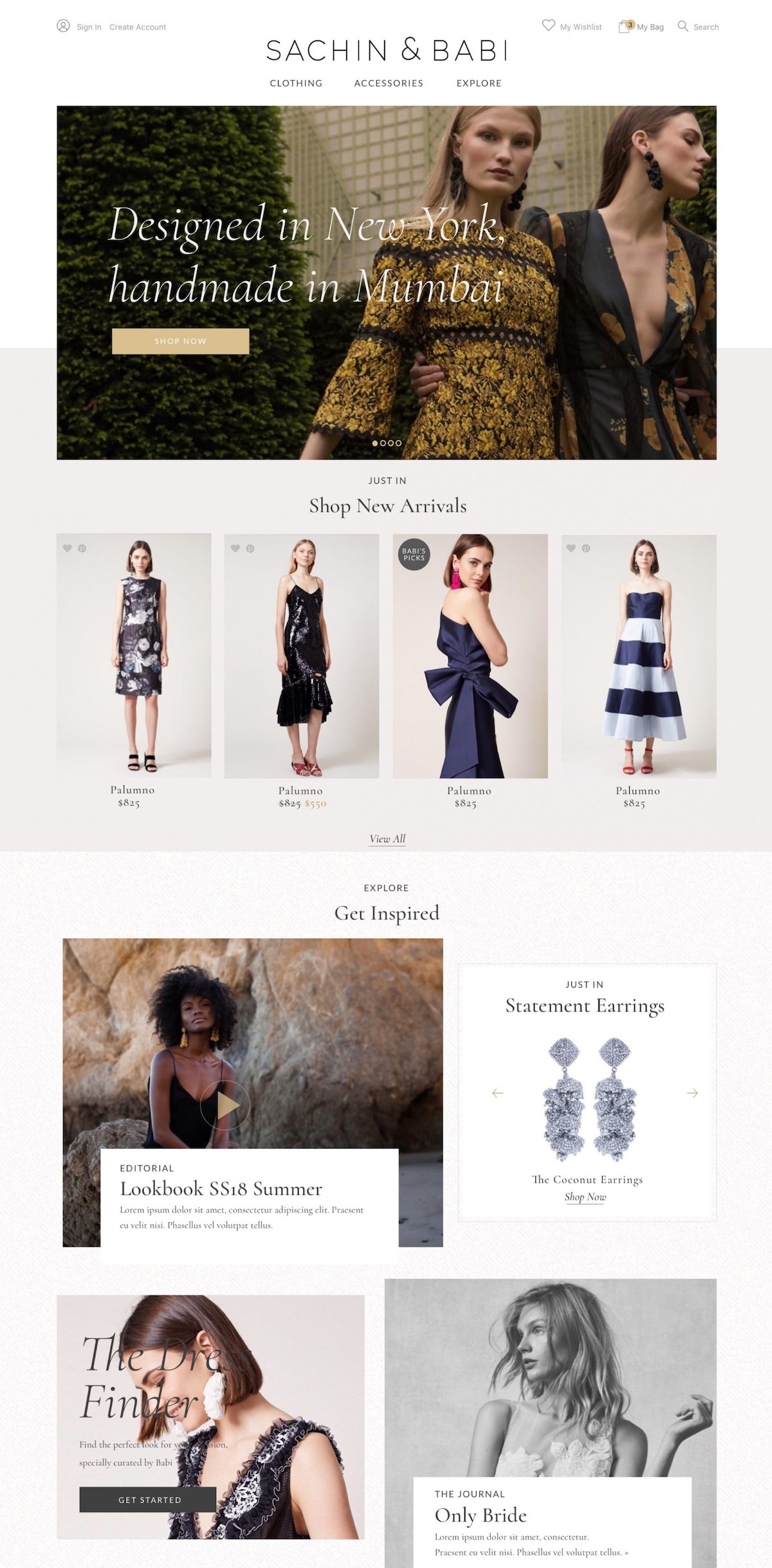 Sachin and Babi Shopify e-commerce homepage redesigned by The Charles Group, featuring luxury womenswear new arrivals and Dress Finder editorial sections