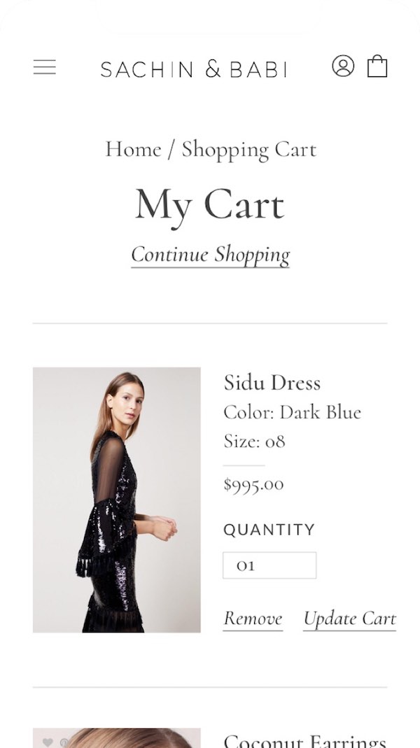 Sachin and Babi Shopify mobile shopping cart page designed by The Charles Group, featuring seamless cross-device checkout experience