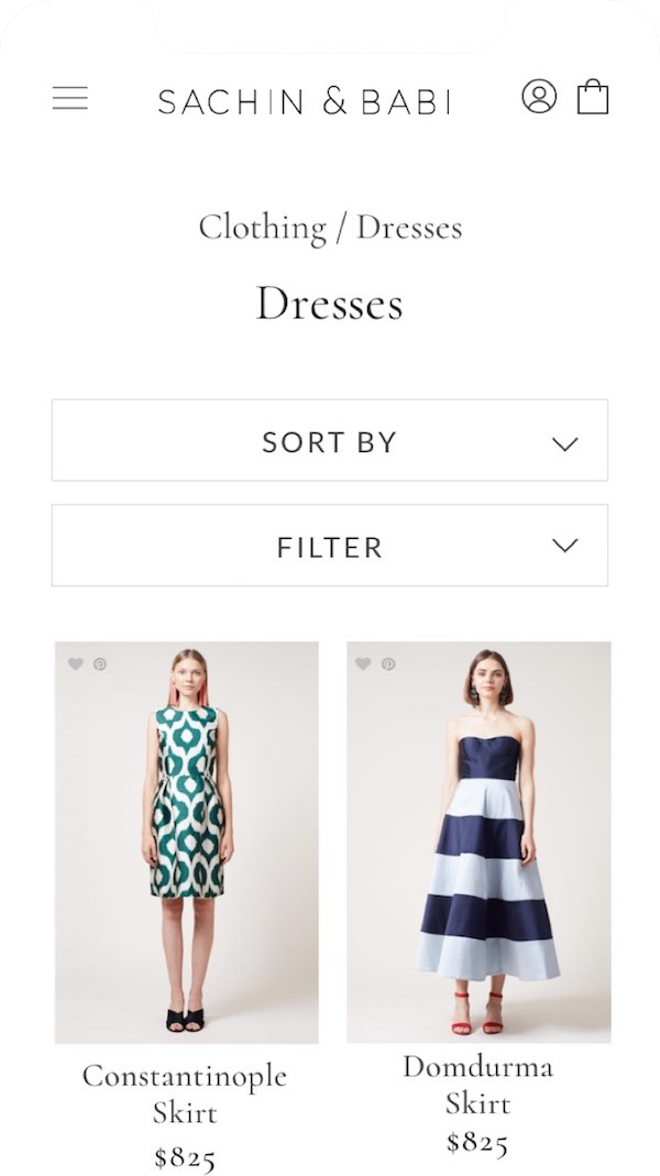 Sachin and Babi Shopify mobile Dresses category page designed by The Charles Group, showing occasion-wear product grid with sort and filter controls