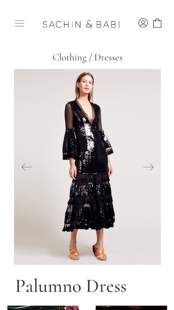 Sachin and Babi Shopify mobile product detail page designed by The Charles Group, showing a black sequin dress with responsive cross-device layout