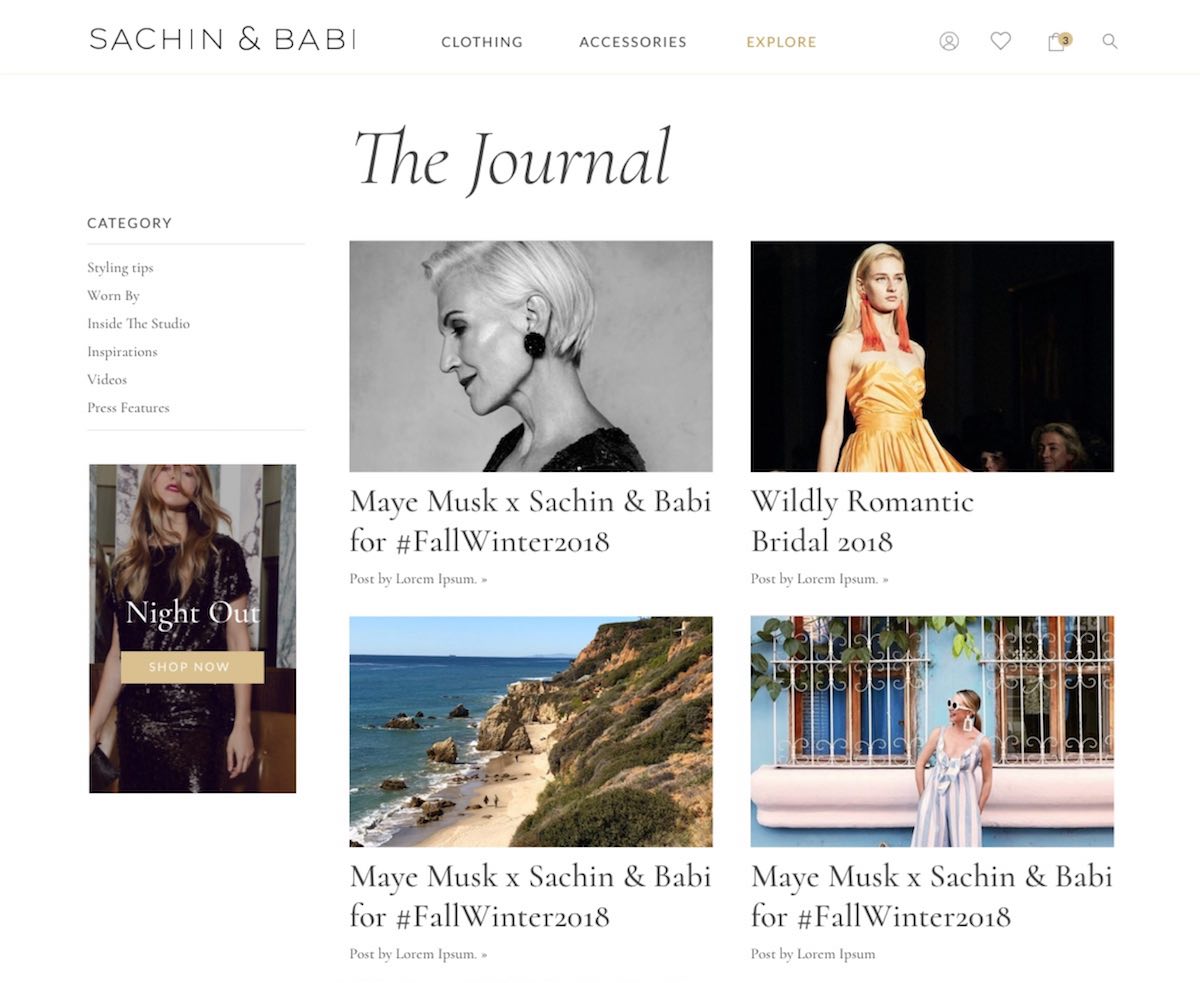 Sachin and Babi The Journal editorial content hub designed by The Charles Group, featuring brand storytelling, influencer collaborations, and Maye Musk campaign content