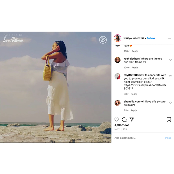 Sam Edelman paid social Instagram partnership with influencer @waityouneedthis, managed by The Charles Group
