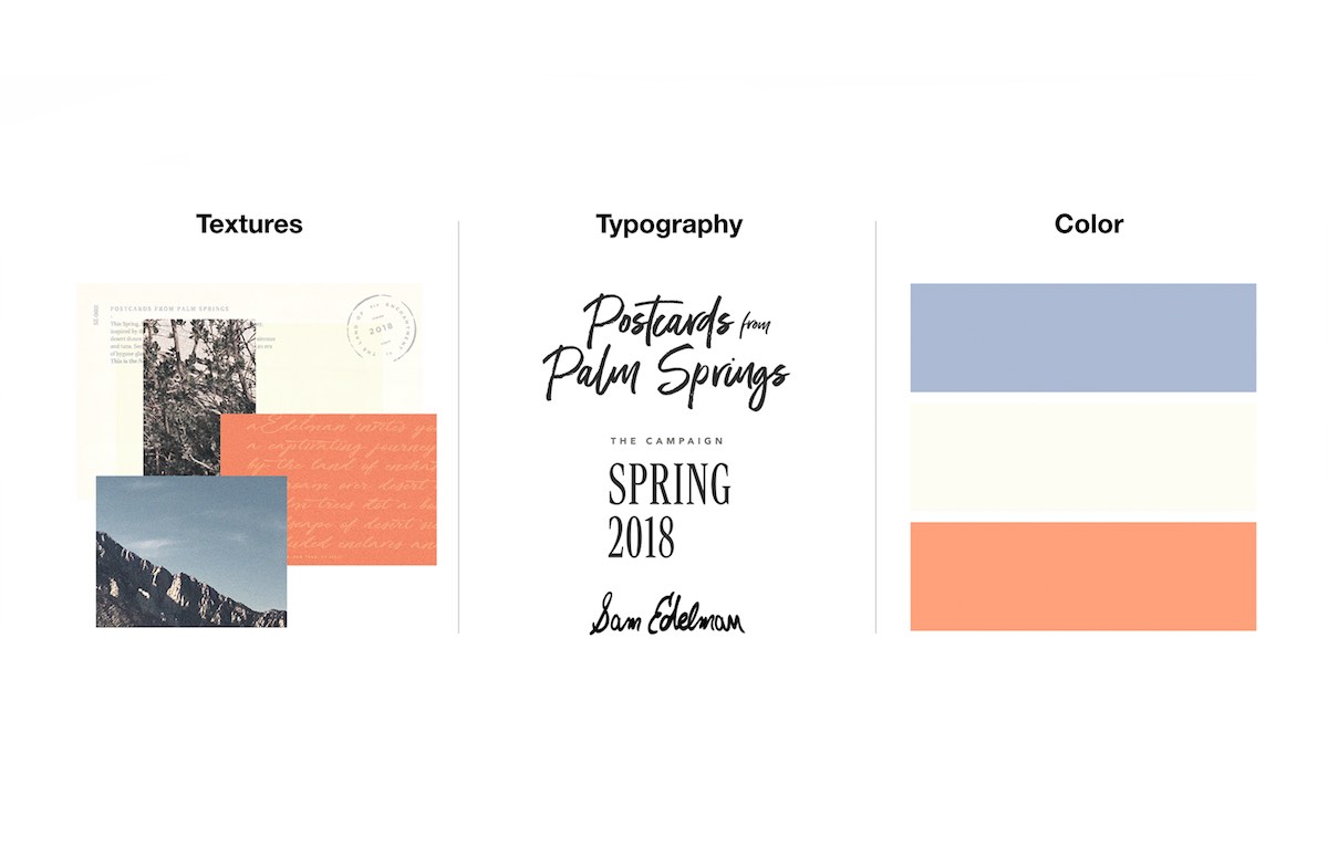 Sam Edelman SS18 "Postcards from Palm Springs" brand identity system with typography and color palette