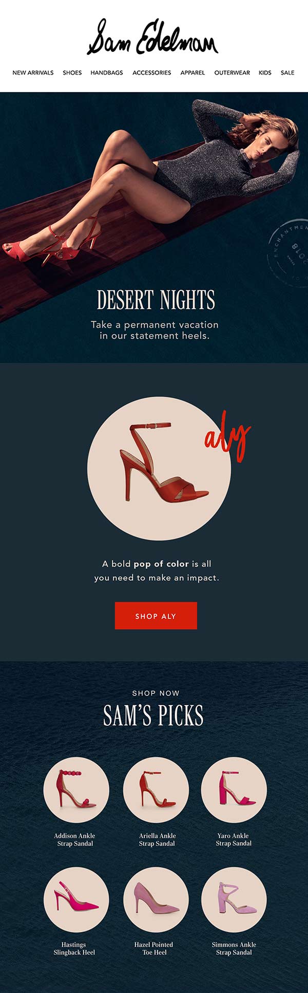 Sam Edelman SS18 "Desert Nights" email newsletter featuring the Aly heel, designed by The Charles Group