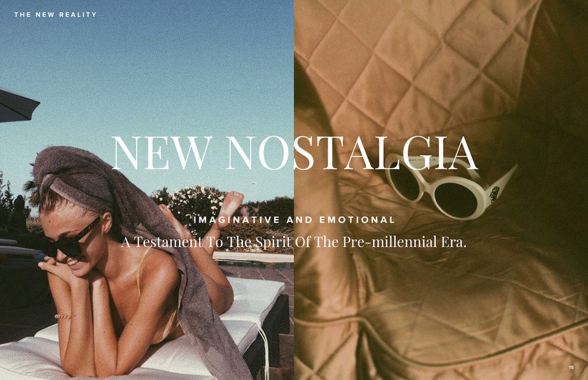 "New Nostalgia" brand narrative slide from Sam Edelman SS18 creative strategy by The Charles Group