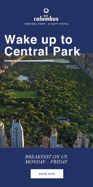 Six Columbus a SIXTY Hotel paid digital banner ad promoting Central Park views and complimentary breakfast, designed by The Charles Group