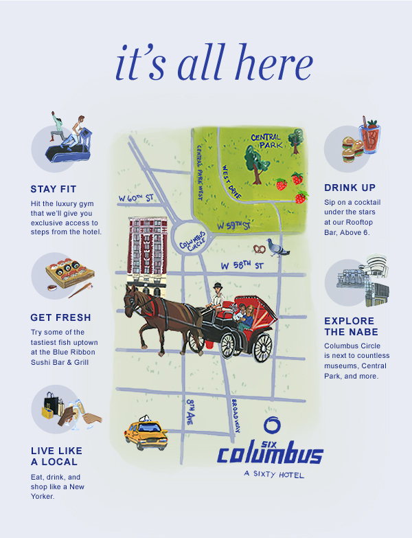 Six Columbus New York illustrated property map created by The Charles Group for SIXTY Hotels CRM email, highlighting Central Park area attractions
