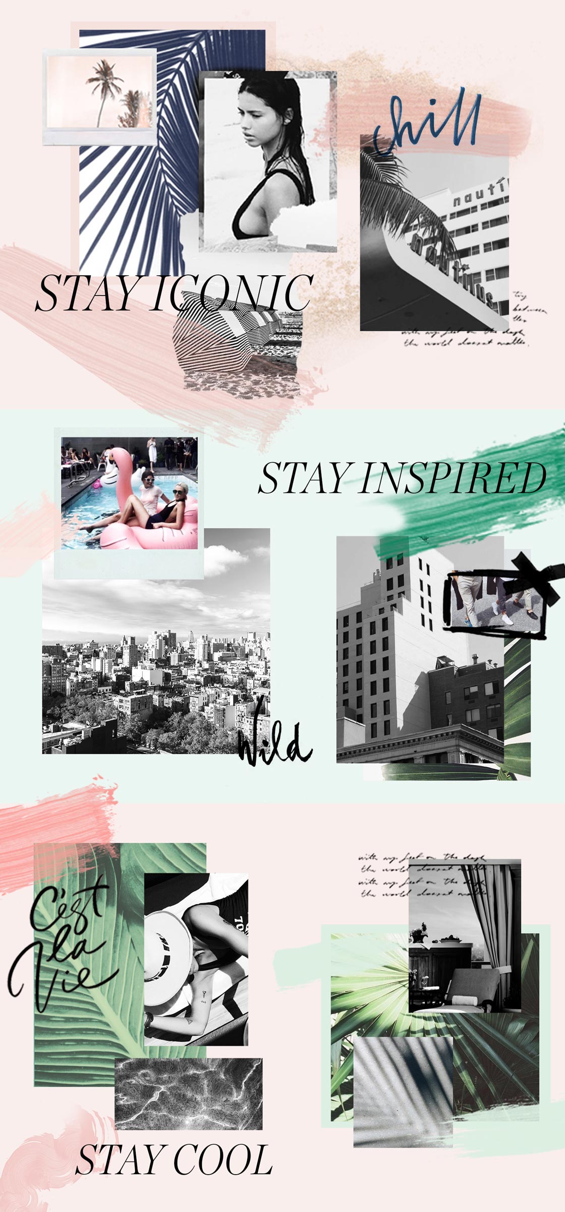 SIXTY Hotels brand narrative moodboard created by The Charles Group, blending lifestyle photography and editorial typography