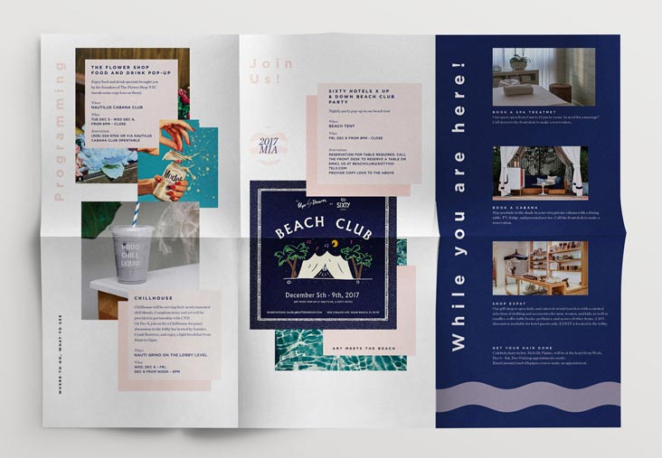 SIXTY Hotels in-room collateral brochure designed by The Charles Group, featuring Nautilus Beach Club programming and hotel amenity guide