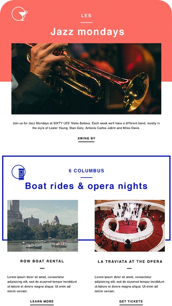 SIXTY Hotels monthly newsletter mobile email design by The Charles Group, featuring LES Jazz Mondays and Six Columbus programming