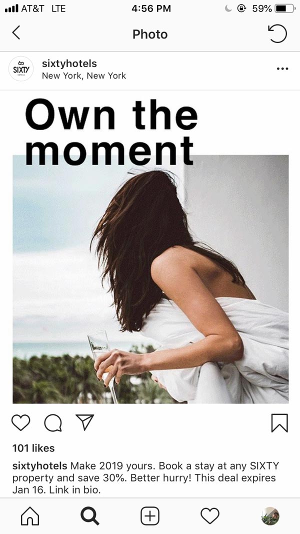 SIXTY Hotels Instagram social post showing Own the Moment lifestyle photography, produced by The Charles Group for organic social strategy