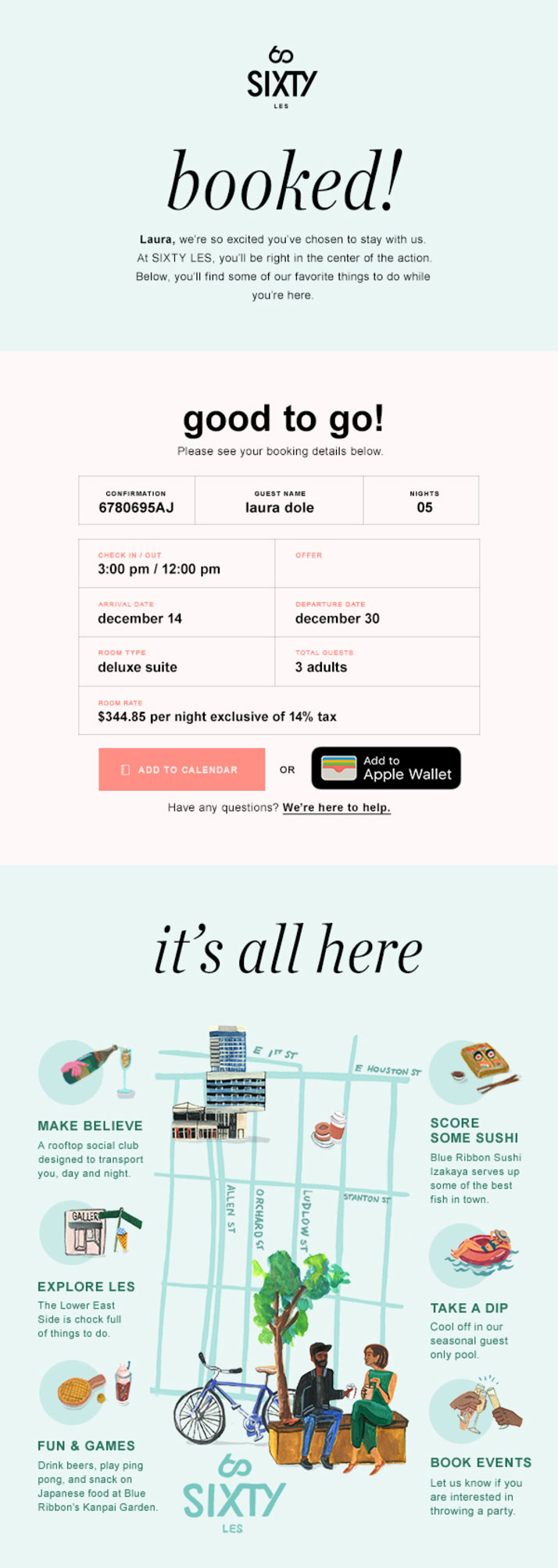 SIXTY LES hotel personalized booking confirmation CRM email designed by The Charles Group, featuring an illustrated neighborhood map