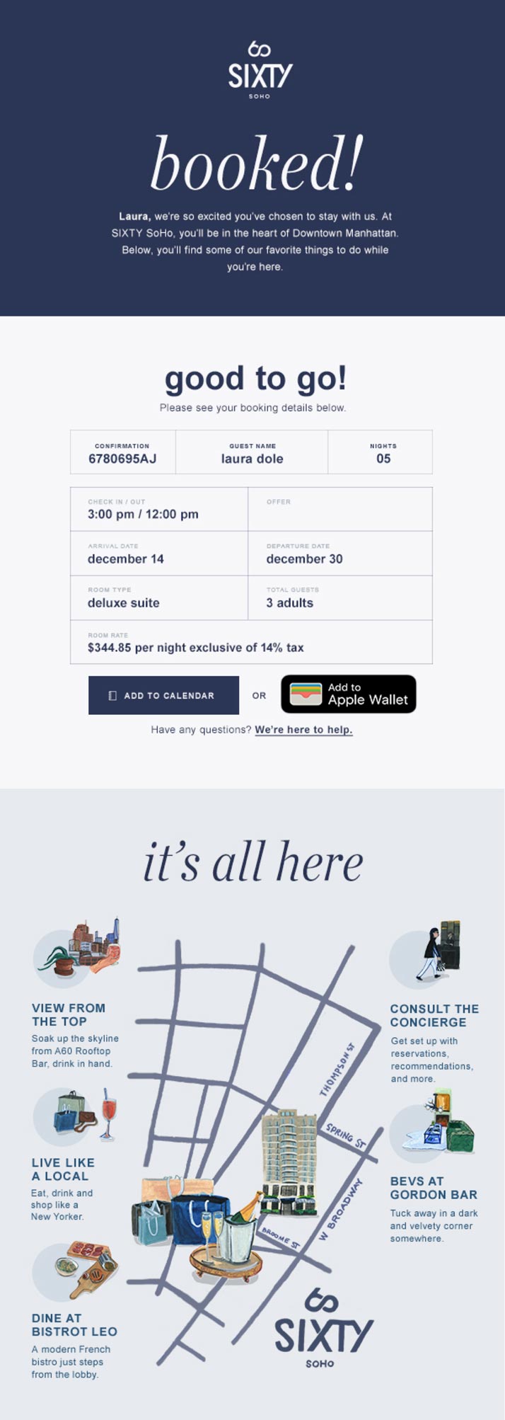 SIXTY SoHo hotel booking confirmation CRM email designed by The Charles Group with illustrated Downtown Manhattan neighborhood map