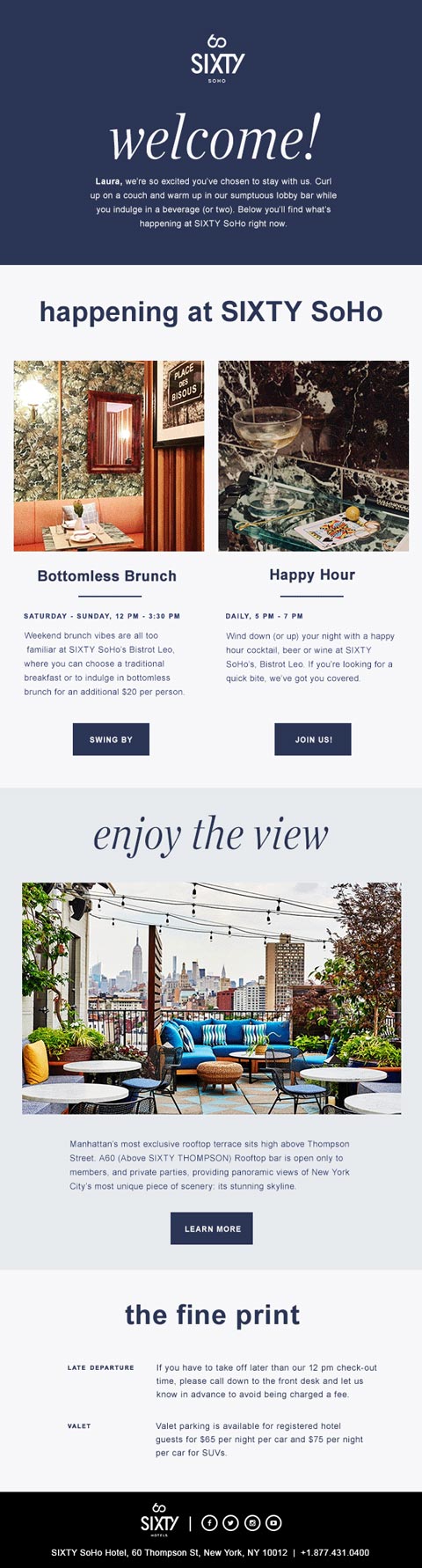 SIXTY SoHo hotel welcome marketing email featuring A60 rooftop terrace photography, designed by The Charles Group