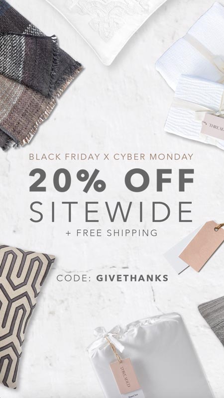 Threaded Home Black Friday Cyber Monday 20% off sitewide email campaign designed by The Charles Group, with free shipping and product flat lay