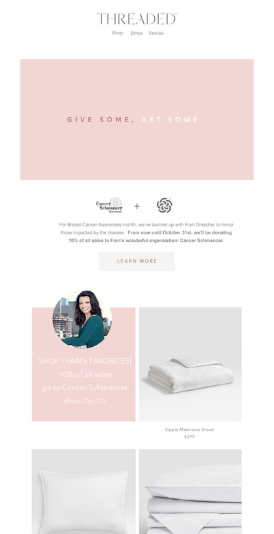 Threaded Home Cancer Schmancer charity email campaign mobile design by The Charles Group, supporting Fran Drescher's organization with 10% donation on all sales