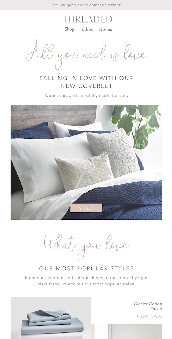 Threaded Home new coverlet product email newsletter designed by The Charles Group, promoting the linen coverlet launch with Most Popular Styles section