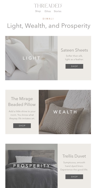 Threaded Home Diwali email newsletter mobile design by The Charles Group, featuring Light Wealth and Prosperity themed product campaign with sateen sheets and linen duvet