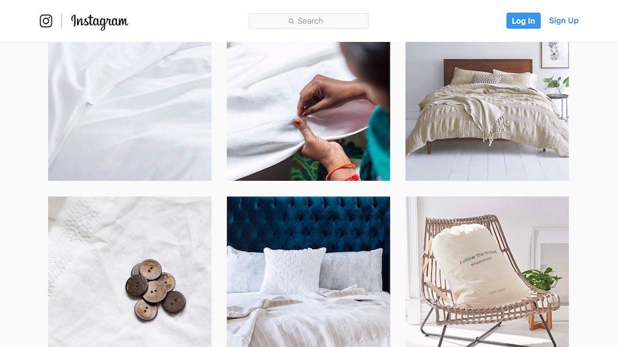 Threaded Home DTC linen brand Instagram organic social feed managed by The Charles Group, showing artisan craftsmanship and lifestyle bedding content