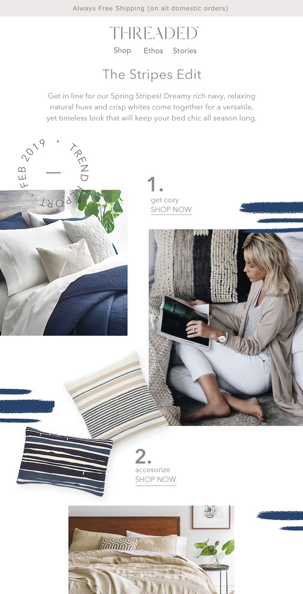 Threaded Home Stripes Edit seasonal email newsletter designed by The Charles Group, featuring navy and natural linen trend report with shoppable CTAs