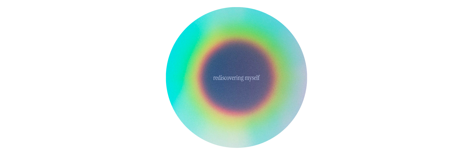 Circular aura gradient orb in teal, yellow, and orange tones with the phrase 'rediscovering myself' in delicate serif type, from The Charles Group's To Dream Again campaign