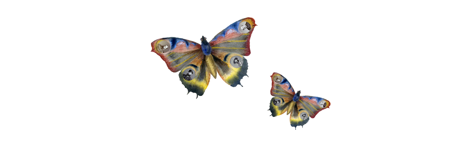 Two painted peacock butterflies with vintage portrait miniatures embedded in their wing markings, from The Charles Group's To Dream Again campaign