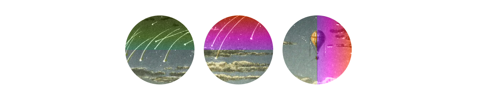Three circular vignettes showing tinted vintage illustrations of shooting stars over ocean waves and a hot air balloon, from The Charles Group's To Dream Again campaign
