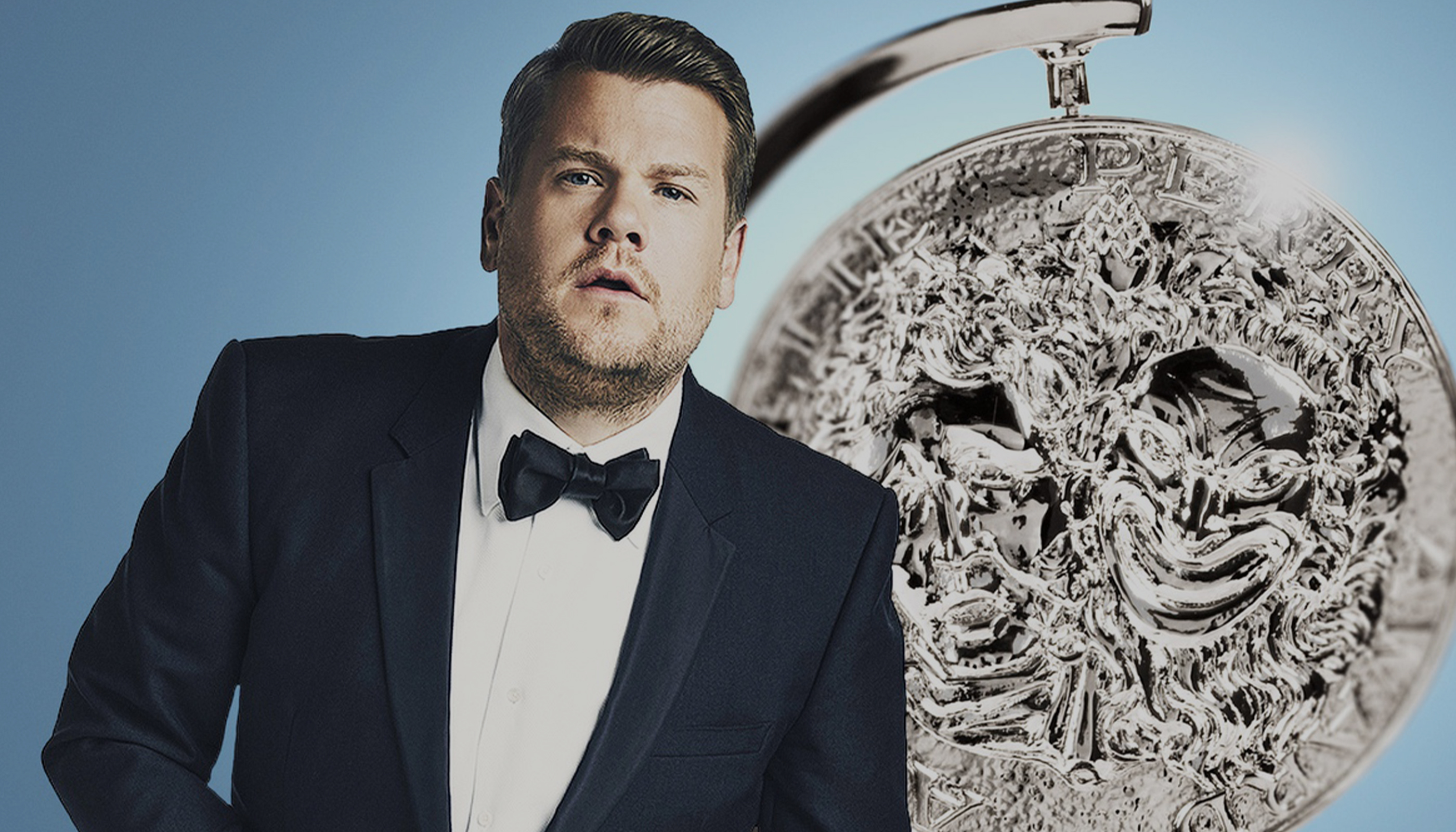 2019 Tony Awards host in tuxedo beside an oversized Tony Award medallion, hero image for The Charles Group social media case study