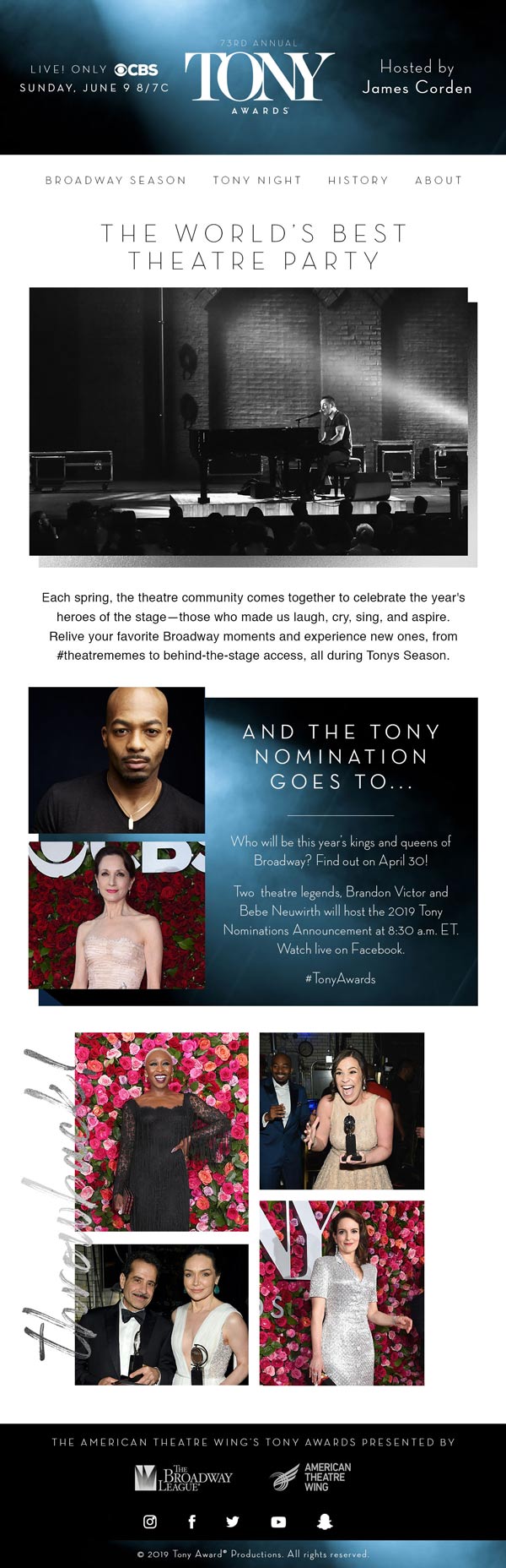 Tony Awards 2019 Season Kickoff email newsletter designed by The Charles Group for digital engagement campaign