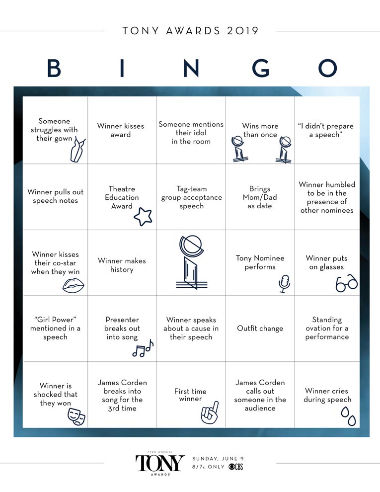 Printable Tony Awards 2019 watch party bingo card created by The Charles Group to drive audience engagement