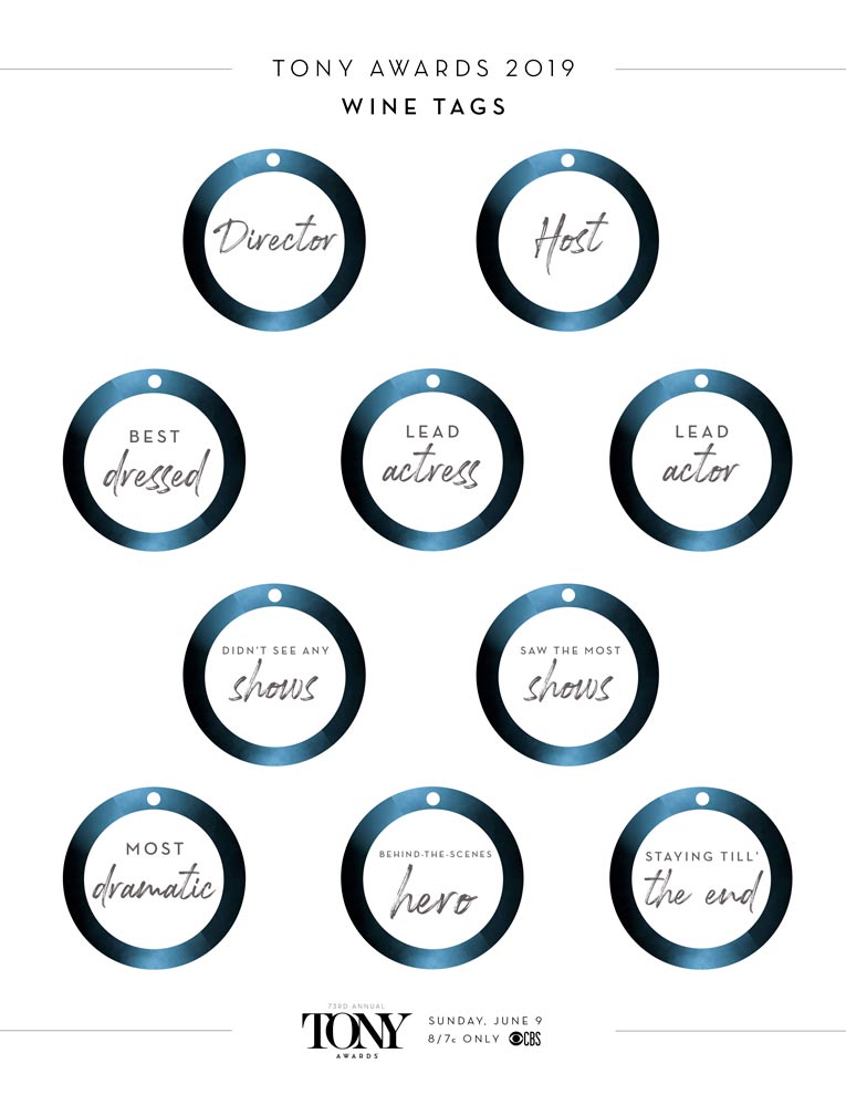 Printable Tony Awards 2019 watch party wine tags created by The Charles Group for audience engagement campaign