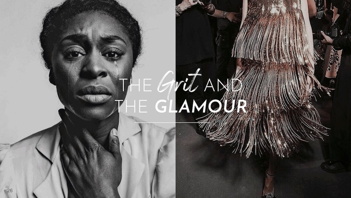 Creative strategy slide showing Broadway's artistic grit and red carpet glamour for the Tony Awards social campaign