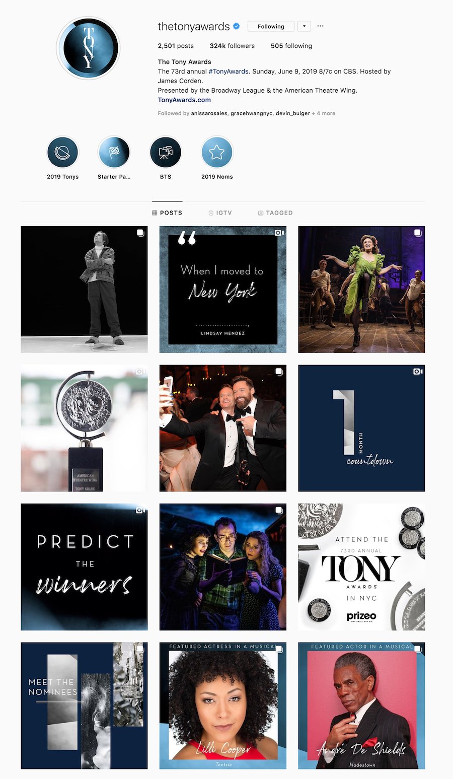 Tony Awards Instagram grid redesigned by The Charles Group showing cohesive social media content strategy