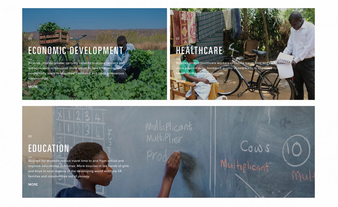 World Bicycle Relief impact page illustrating bicycle access benefits across economic development, healthcare, and education in rural Africa