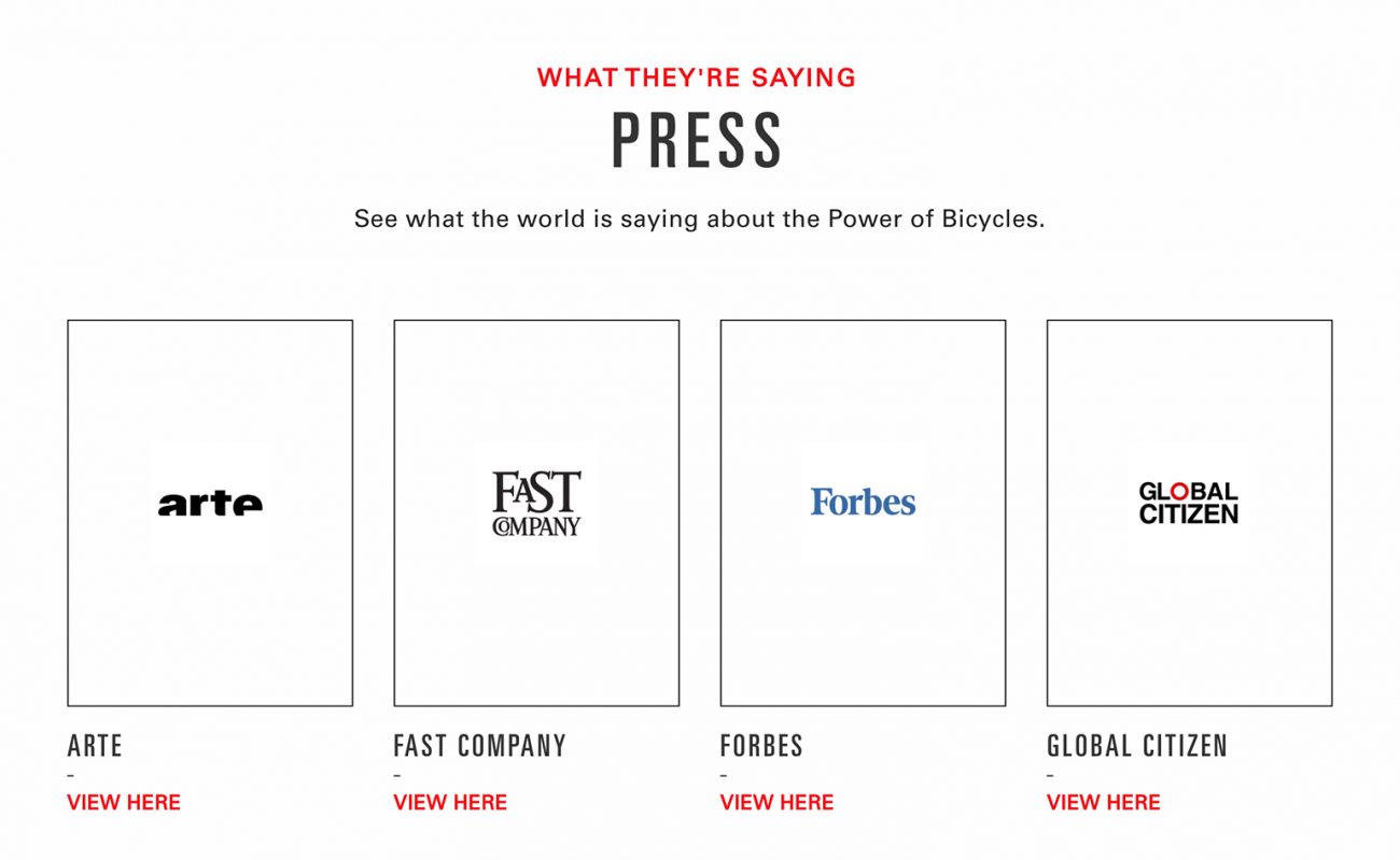 World Bicycle Relief press page featuring media coverage logos including Forbes, Fast Company, and Global Citizen