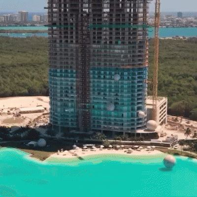 Aerial drone view of One Park Tower under construction in Sunny Isles Beach, Miami, with turquoise ocean and skyline in the background